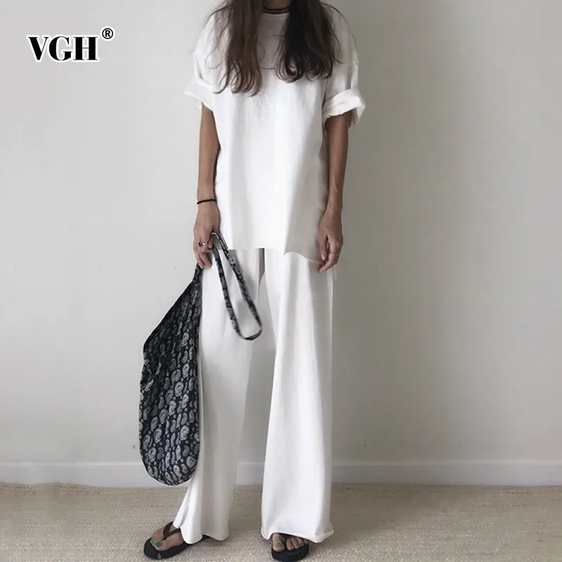 

VGH Spring Two Piece Women Suit Short Sleeve O Neck T-shirt With Ankle-length Female Pants 2020 Fashion Women's Clothing Tide