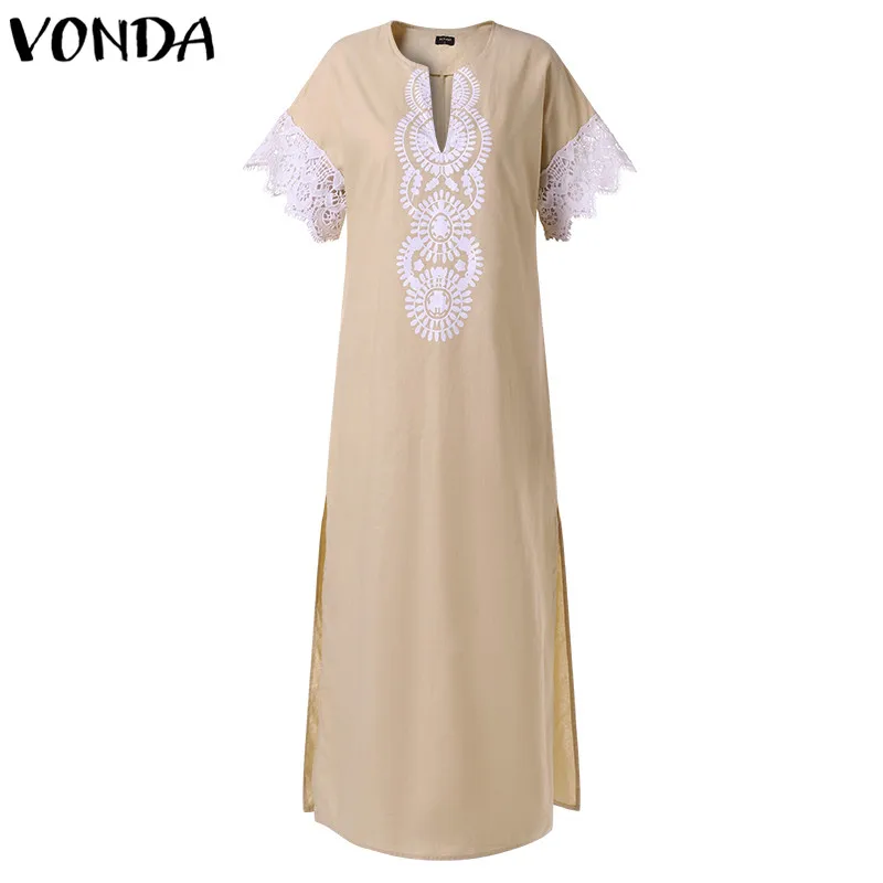 VONDA Women Sexy Maxi Long Dress 2018 Summer Vintage V Neck Short Sleeve Bohemian Split Lace Patchwork Party Vestidos Plus Size