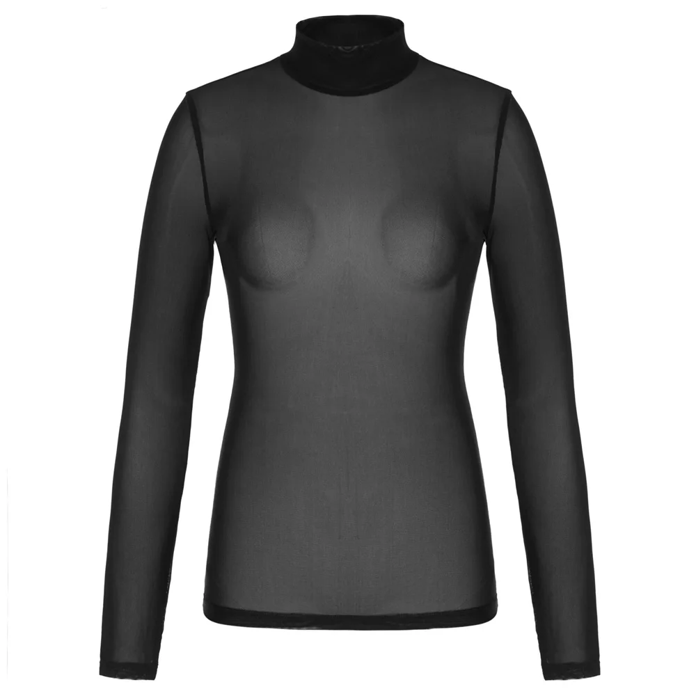 

Women Shirt Sheer Mesh Long Sleeve Turtle Neck See-through Spring Tops