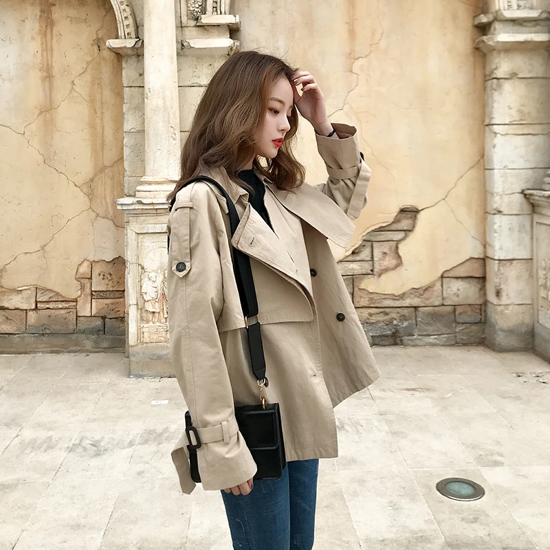 

Fashion Women Short Trench Coat Double Breasted Spring Autumn Ladies Clothes Khaki Solid Casual Coat with Storm Flaps