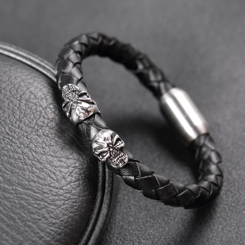 

MOGE Trendy Jewelry 8mm Round Black Geniune Leather Bracelets Men Cool Skeleton Stainless Steel Leather Bracelets&Bangles