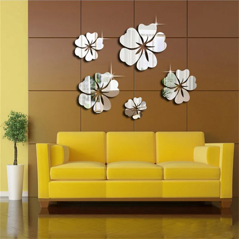 

5 Pcs PVC Flower Mirror Flower Pattern Wall Sticker 3D Home Decoration Wall Art DIY Silver Mirror Wall Stickers