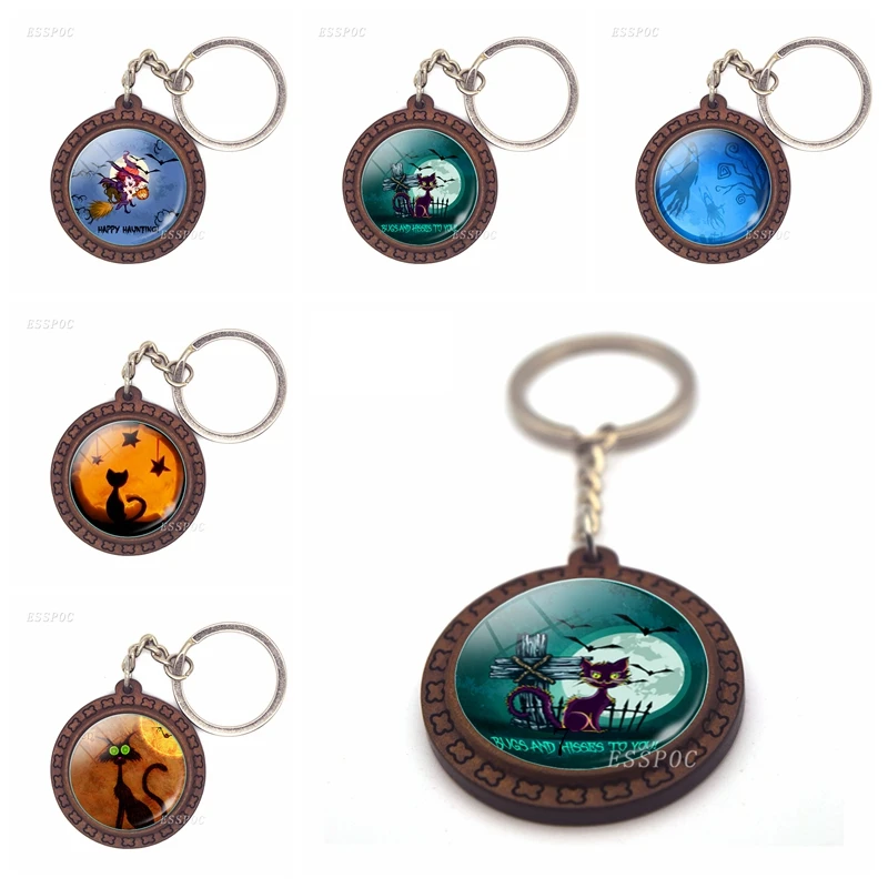 

Bugs and Hisses To You Halloween Witch Wooden Keychain Glass Cabochon Jewelry Key Chain Cat Pendant Key Ring Happy Haunting Gift