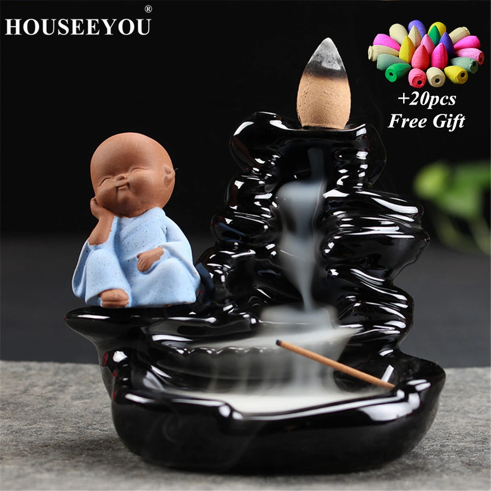 

20pcs Incense Cone + The Little Monk Ceramic Stick Incense Holder Backflow Incense Burner Home Decor Aromatherapy Buddha Censer