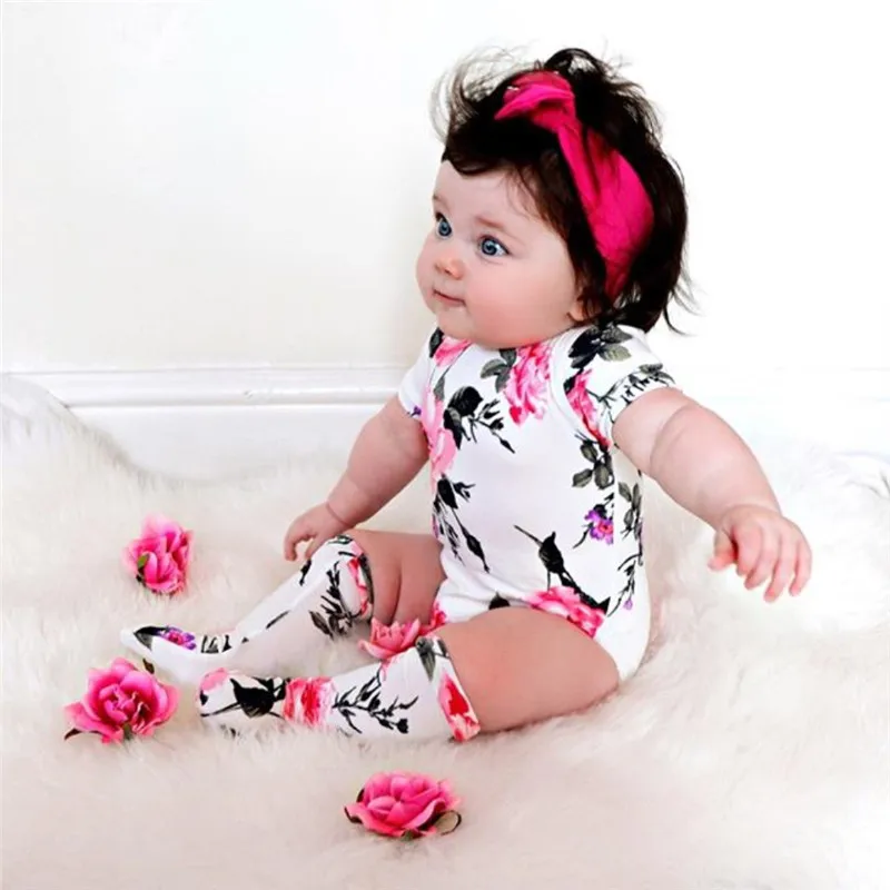 Newborn Toddler Baby Girls Floral Romper Short Sleeve O-Neck Printed Rompers+ Socks 2PS Jumpsuit Outfits Summer Clothes | Детская одежда