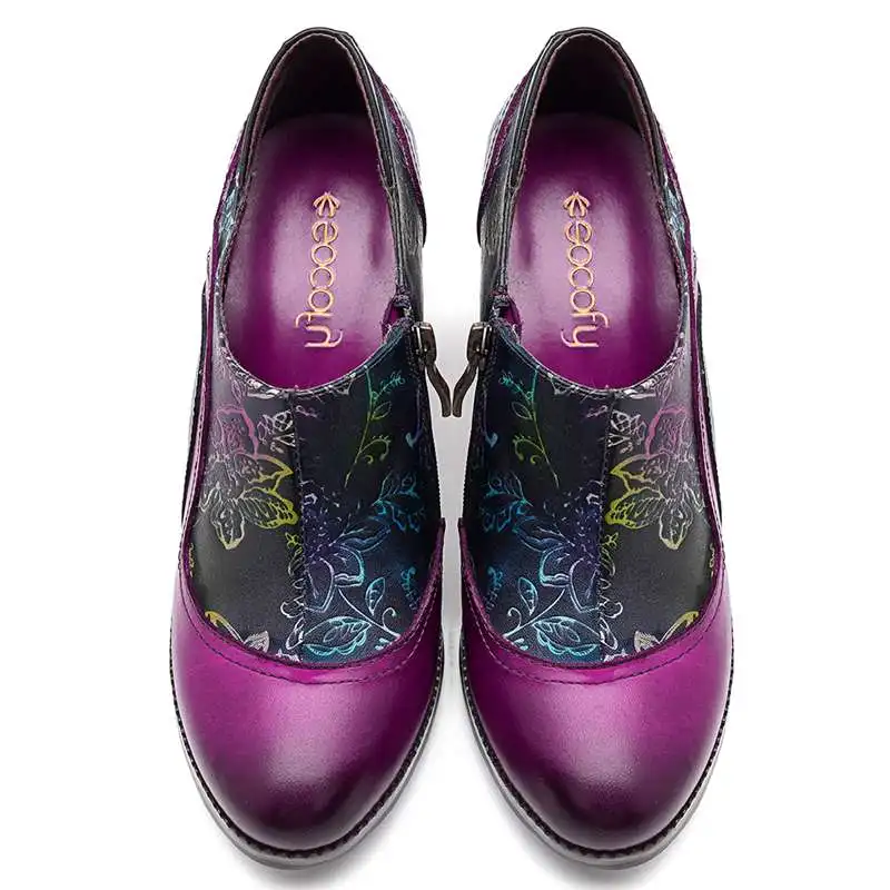 Socofy/туфли-лодочки из натуральной кожи в стиле ретро; женская обувь на молнии; винтажные туфли-лодочки на не сужающемся книзу массивном высоком каблуке с цветочным принтом; обувь для танцев в этническом стиле