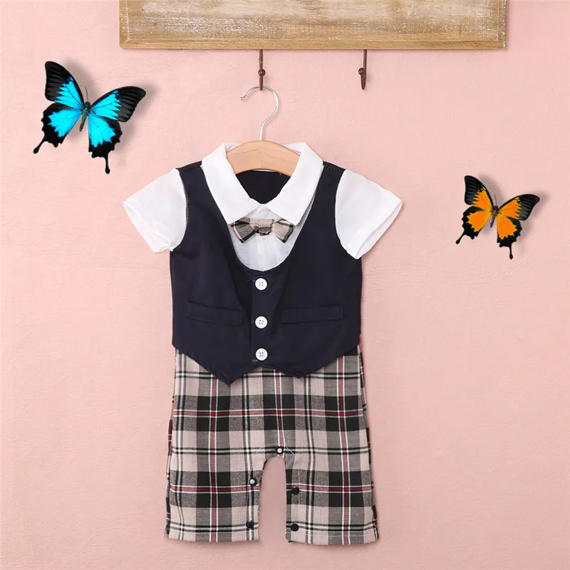 CANIS Summer Newborn Kids Baby Boy Infant Top Plaid Romper Jumpsuit Shorts Clothes Sets Outfits Formal Gentleman Wedding Suits