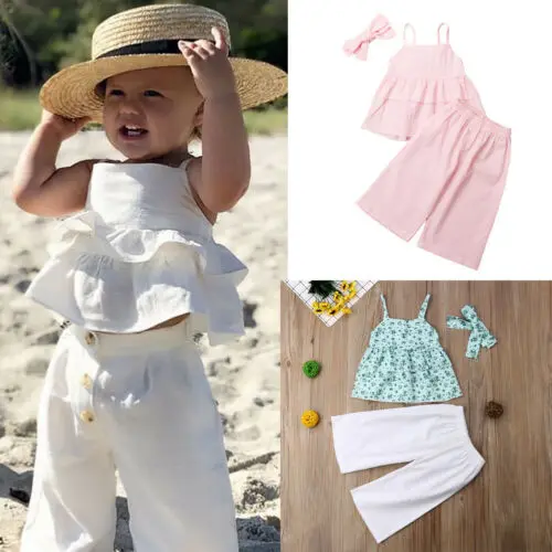 

Summer 3Pcs Toddler Kids Baby Girls Outfit Flower Shirt Strap Tops + Long Pants +Headband Clothes Set 6M-5Y