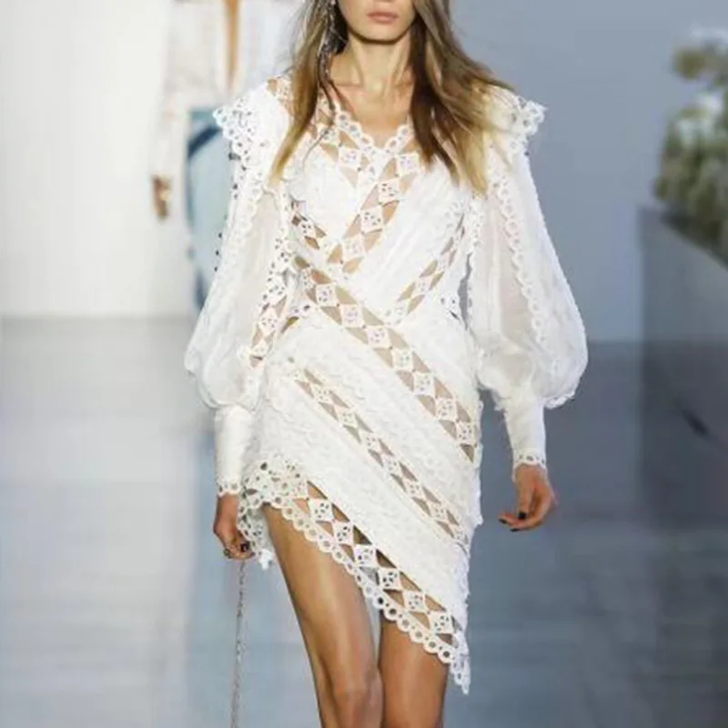 

High Quality 2019 Spring Runway Designer Mesh Woman Mini Dress Long Sleeve Hollow Out Asymmetric Short Woman Dress Vestido