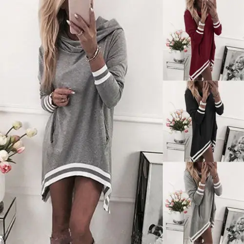 

Women's Long Sleeve Sweatshirt Hooded Casual Hoodie Jumper Sweater Mini Dress US
