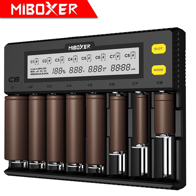 

MiBOXER C8 Battery Charger 8 Slots With LCD Display for Li-ion LiFePO4 Ni-MH Ni-Cd AA 21700 20700 26650 18650 17670 RCR123 18700