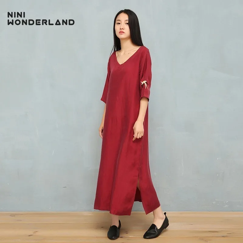 NINI WONDERLAND Летнее шелковое платье с v образным вырезом классическое вышивкой птицы