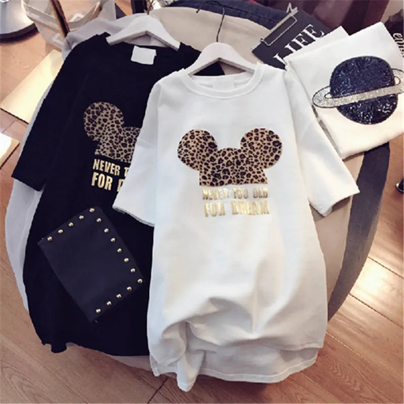 

Minnie Mickey Mouse Women Cartoon Plus Size Dresses Short Sleeve Black White Casual Mini Fashion Loose Summer Dress Leopard 2019