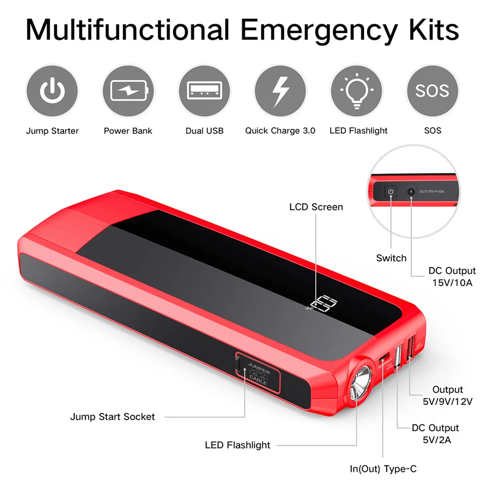 AUDEW 20000mAh 1500A USB LCD Power Display Car Jump Starter Quick Charger Portable Power Bank Kit Emergency Car Jump Starter AUDEW 20000mAh 1500A USB LCD Power Display Car Jump Starter Quick Charger Portable Power Bank Kit Emergency Car Jump Starter