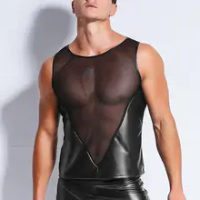 Прозрачная майка для геев, сексуальное мужское нижнее белье из кожзаменителя, эротический жилет без рукавов, топы, сексуальные мужские сетчатые трусы