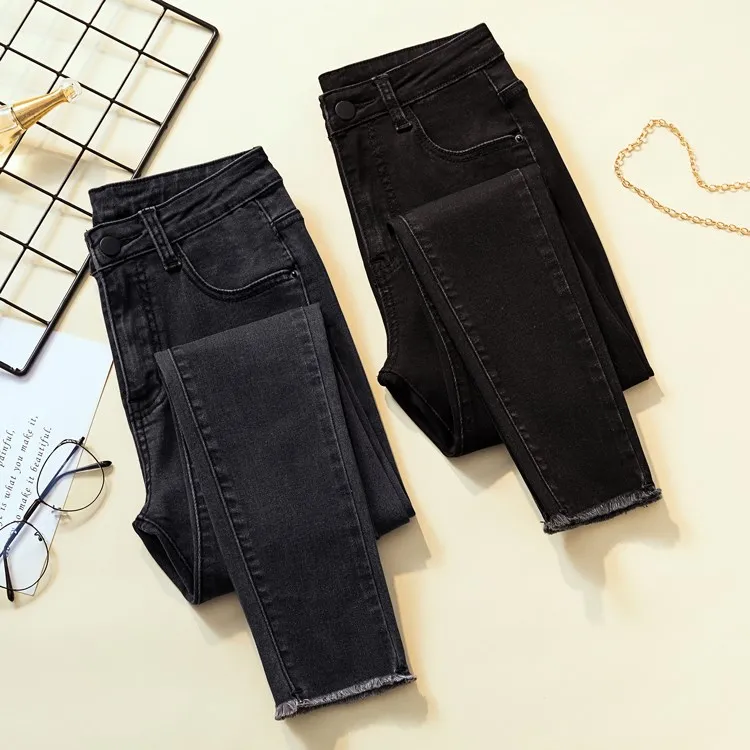 Новые модные женские узкие джинсы с высокой талией, винтажные простые эластичные черные/темно-серые узкие брюки