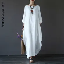 SHENGPALAE новые весенние платья плюс женские 4xl 5xl свободные большие размеры с О-образным вырезом белое бохо платье с длинным рукавом Макси платье