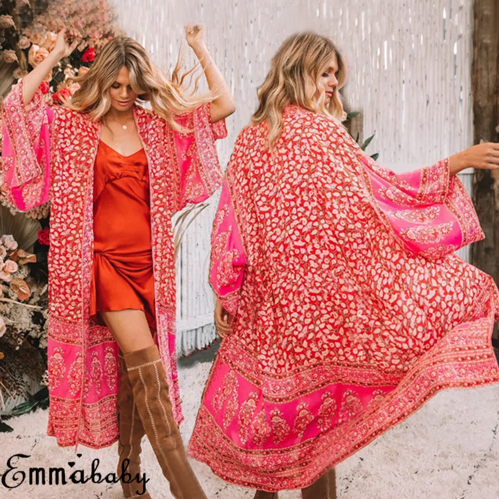 De las mujeres de la moda de verano Boho abrigo de gasa cárdigan Kimono chal Trench