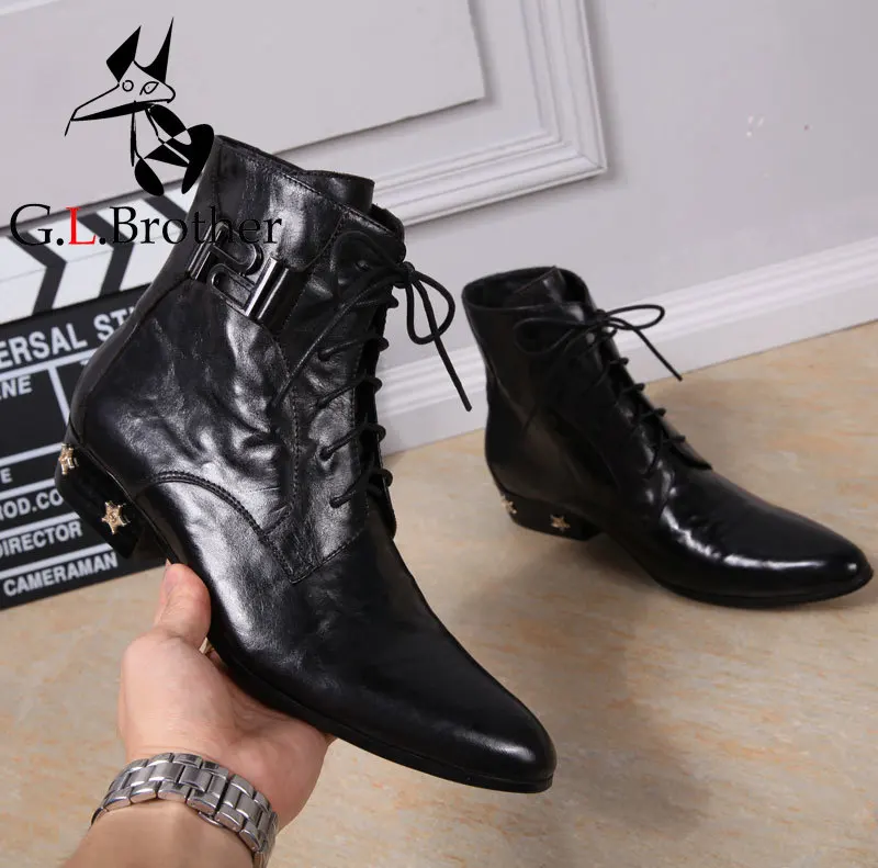 

New Imitate Geniune Leather Men Oxford Shoes Pointed Toes Lace-Up High Top Men's Boots Star Rhinestone Low Heel Male Dress Shoes
