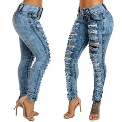 Эластичная манжета джинсы для женщин высокая талия штаны с дырками женщина плюс размеры новый шаблон