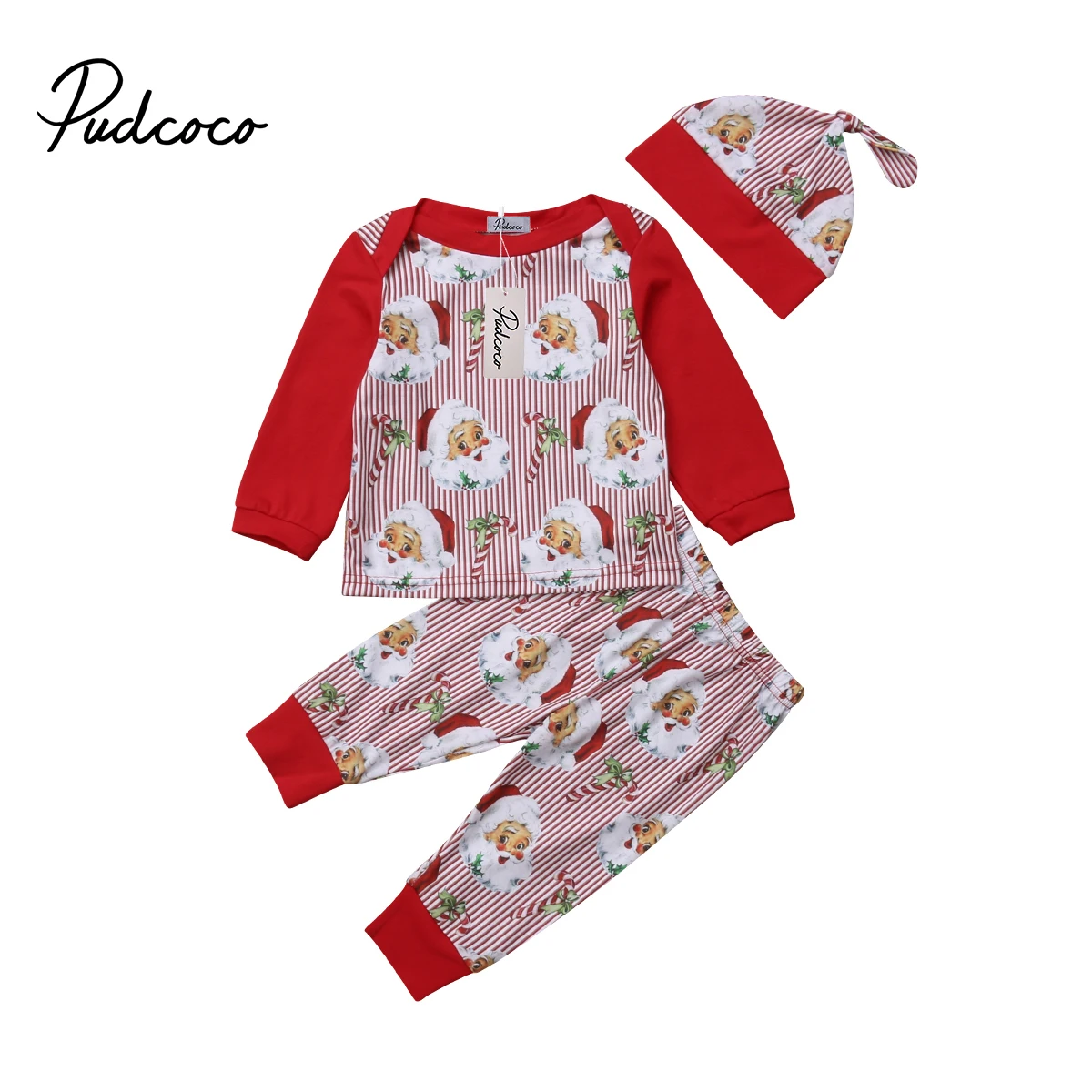 

Xmas Newborn Toddler Baby Boys Girls Santa Stripes Long Sleeve Top Pants Hat Outfits Clothes Sets 0-24M