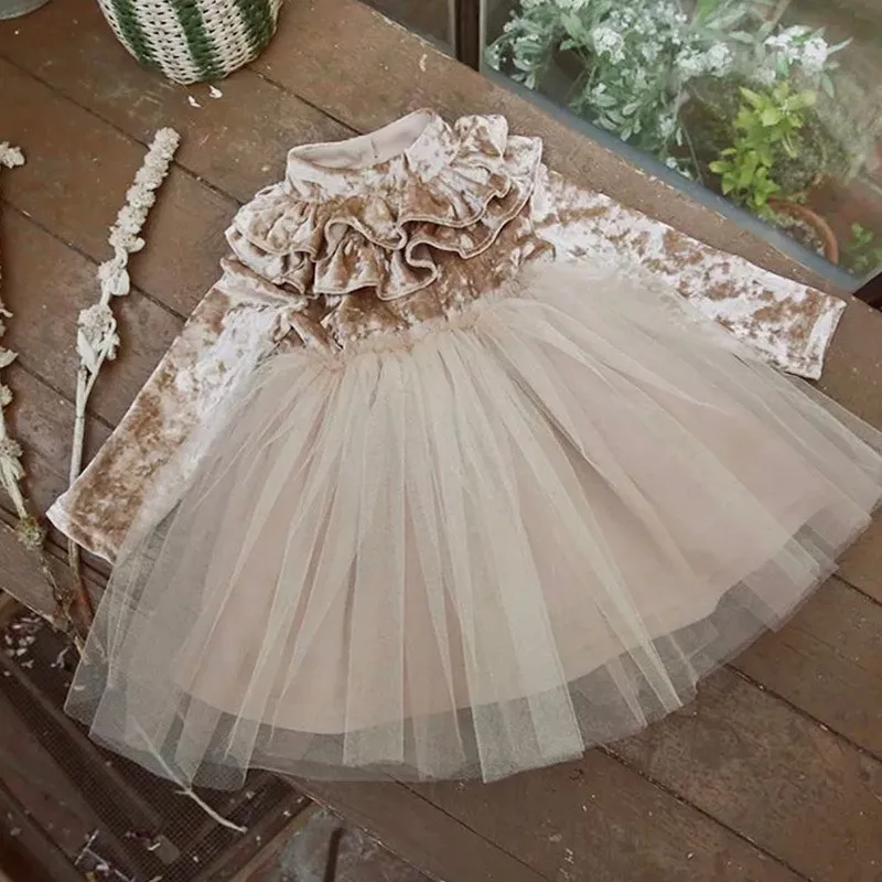 

2019 New Princess Cute Warm Infant Baby Girl Velvet Dress Turtleneck Ruffle Solid Lace Tutu Dress Spring Autumn Winter Outfit