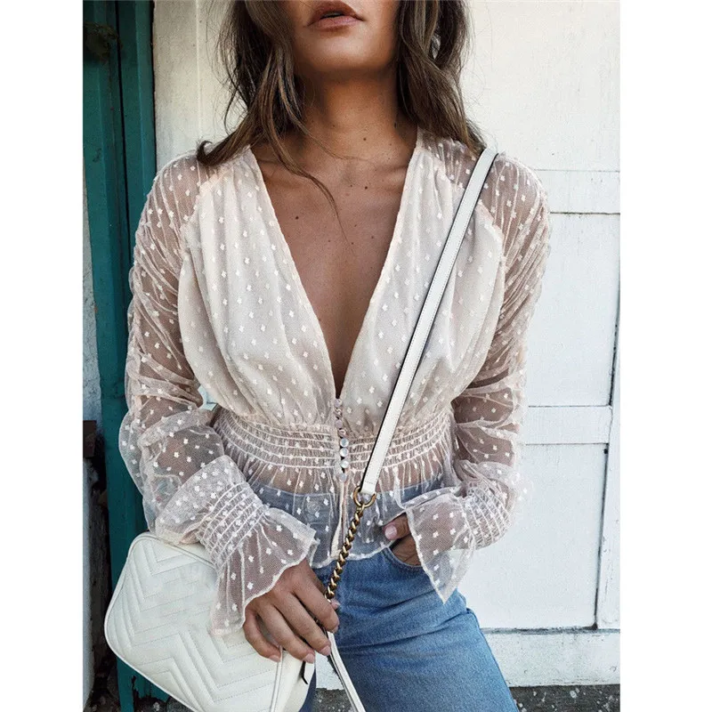 

New Women Long Sleeve T-Shirt Sexy Tops Transparent Deep V Neck Lace T-Shirts Summer Fashion Women Clothes