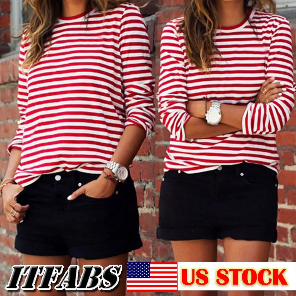 

New Brand 2018 Women Fashion Red Striped Long Sleeve Casual Loose T-Shirt Tops Women Autumn Warm O-neck T-Shirts S-XL