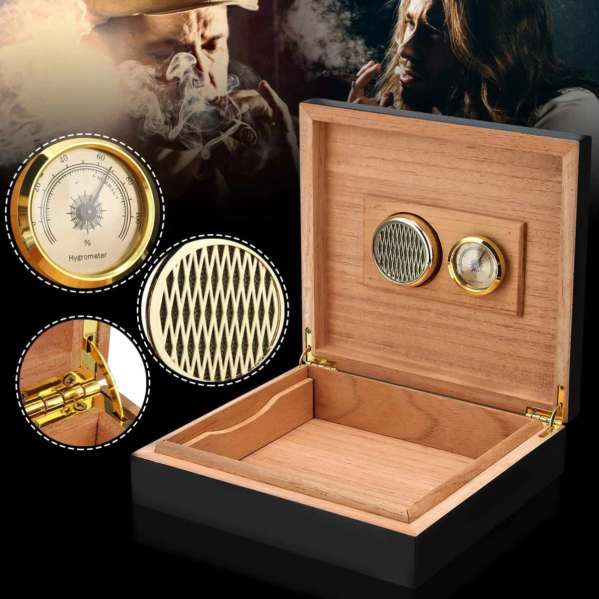 20-25 Counts Black Cedar Wood Lined Cigar Humidor Humidifier With Hygrometer Case Box Cigar Holder Storage Box