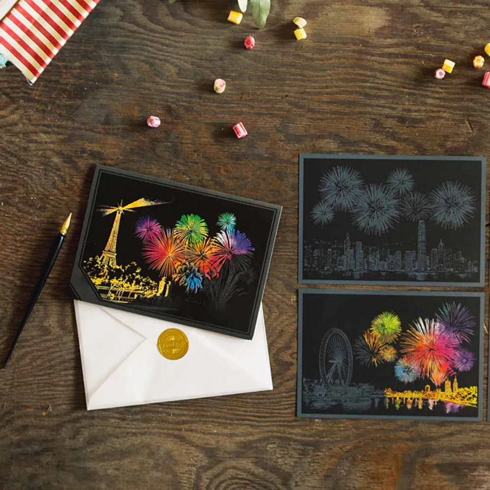 

4xMagic Engraving Art Colorful Night View Set Scratch Craft Drawing Paper+ Pen