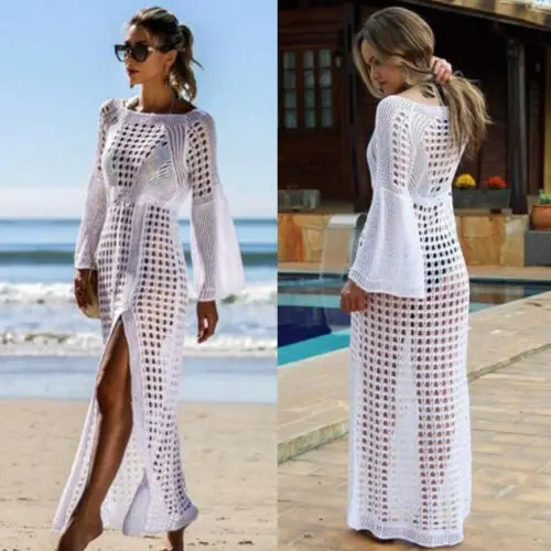 

Women Summer Beach Hollow Out Long Maxi Dress Bikini Cover Up Kaftan Holiday Flare Sleeve Dress Bathing Suit