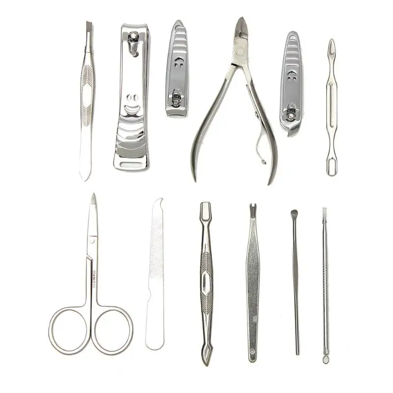 12 шт., маникюрные ножницы для педикюра, набор для чистки ушей, нож для кутикулы ногтей, кусачки для ногтей, наборы из нержавеющей стали, чехол для чистки ногтей, инструменты