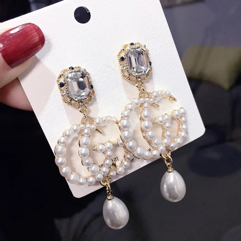 

New Women Fashion S925 Silver Letter Earrings Pearl Long Big Dangle Earrings Luxury Brand Crystal Drop Earrings