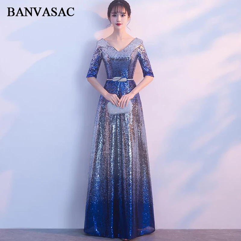 

BANVASAC Deep V Neck Metal Leaf Sash A Line Long Evening Dresses Sequined Half Sleeve Backless Party Prom Gowns