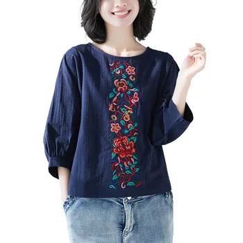 

2019 New Womens Lantern Sleeve O Neck Floral Embroidery Tops Fashion Ladies Spring Summer Casual Cotton Linen Blouse Loose Shirt