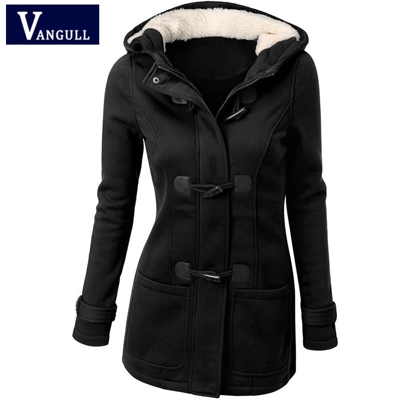 Koop Lente   Herfst Mode vrouwen Kleding Silm Hooded Vrouwen Geul Effen Hoorn Gesp Knop Jassen Lange Mouwen Dikke Bovenkleding