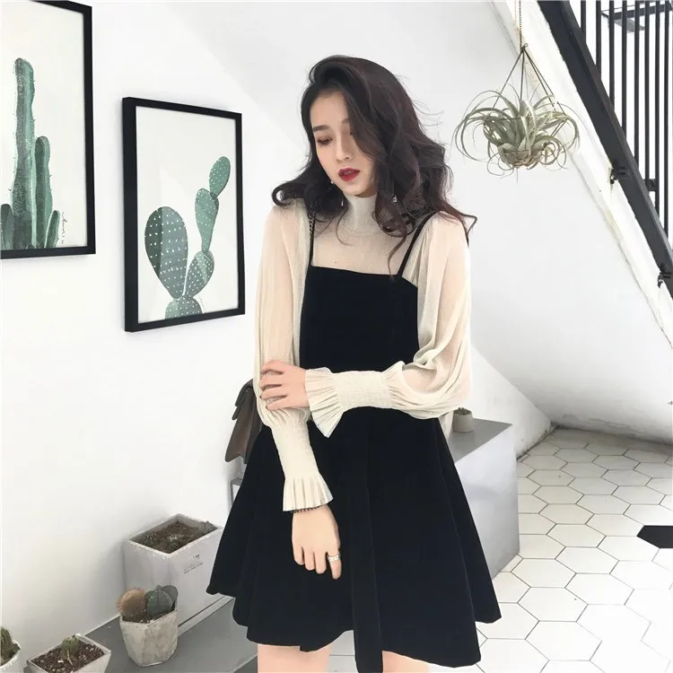 

Spring Women Transparent Lantern Long Sleeves Tops And Dress Set Turtleneck Birthday Gift Elegant Party 2Pcs Suit
