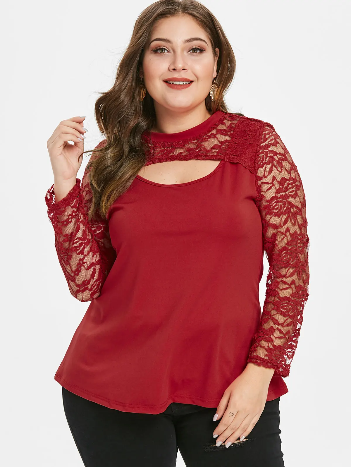 Wipalo Plus Size Women Fashion Sheer Lace Sleeve Cut Out T Shirt New ...