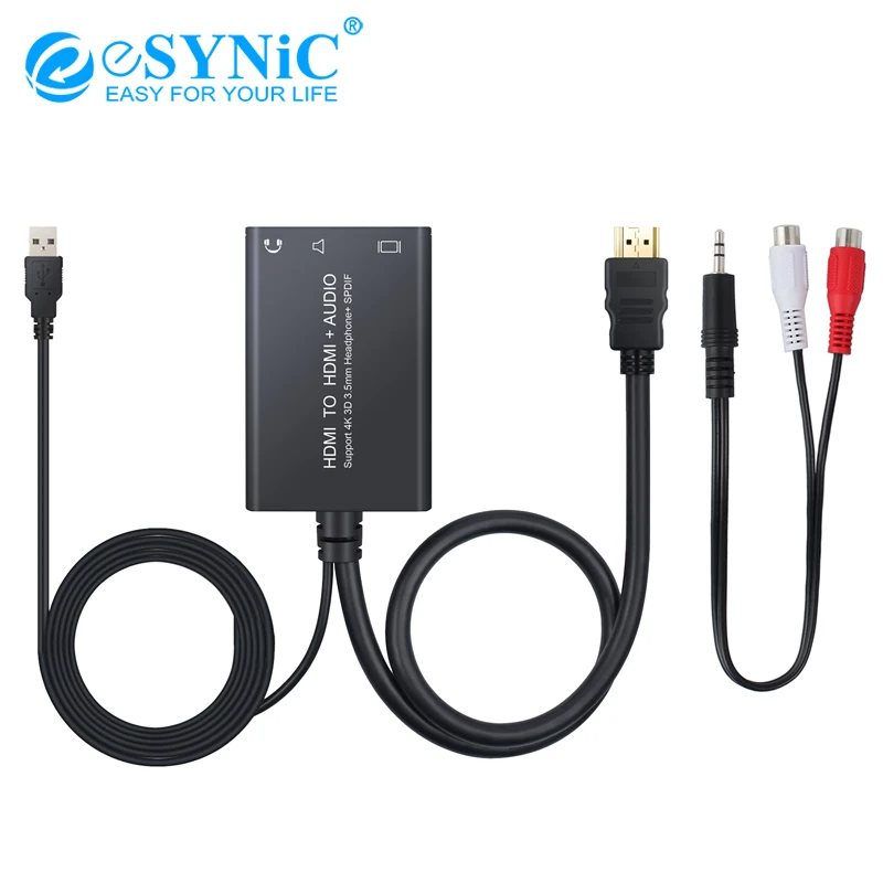 

Esynic HDMI to HDMI and Optical TOSLINK SPDIF + 3.5mm Stereo Audio Extractor Support 4Kx2K DAC Adapter With 3.5mm to 2 RCA Cable
