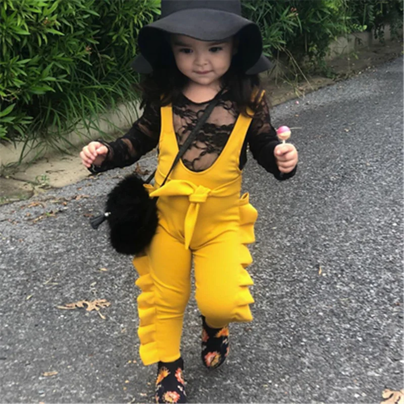 

2019 Kids Baby Girls Clothes Cotton Summer Overalls Fashion Strap Ruffle Romper Jumpsuit Drawstring Bib Pants Outfit Clothes