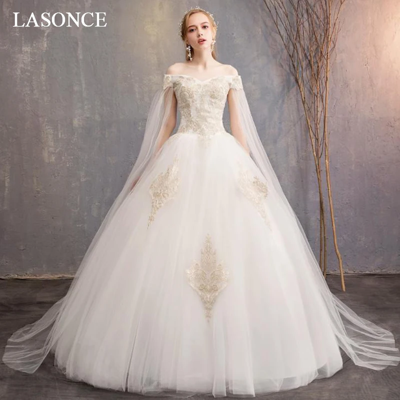

LASONCE Champagne Lace Appliques Ball Gown Wedding Dresses Sweetheart Off The Shoulder Backless Tulle Bridal Dress