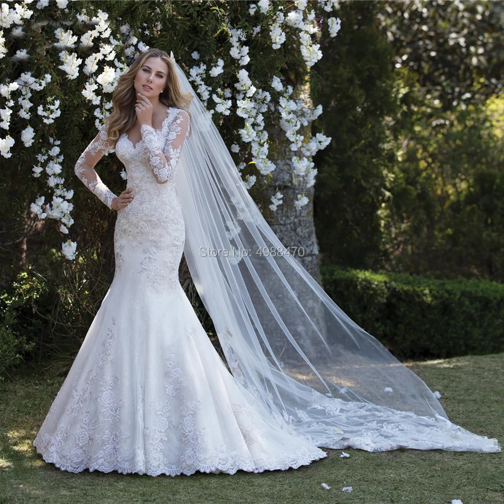 

Vestidos De Novia 2019 Sexy V Neck Mermaid Wedding Dress Long Sleeves Appliques Bridal Gowns Illusion Back Lace Dresses Marriage