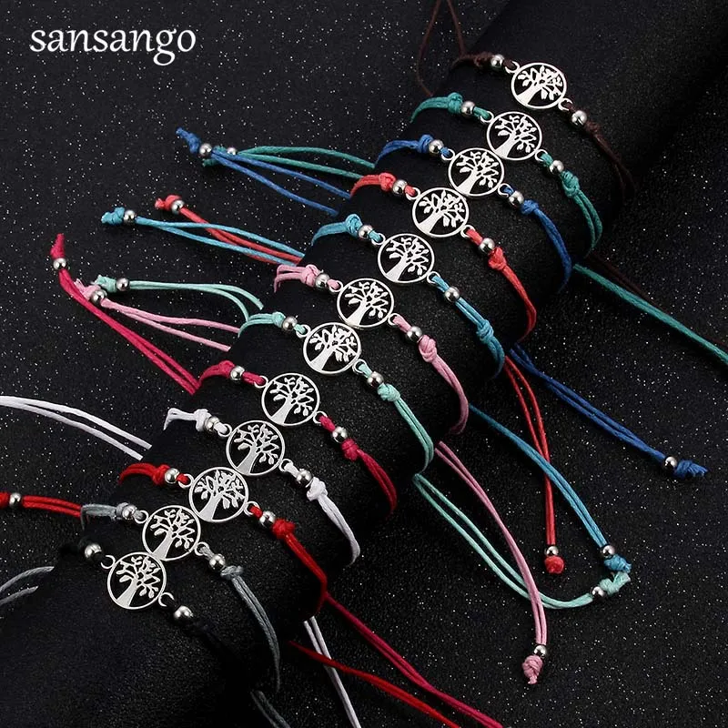 Antique Silver Tree Of Life Shape Alloy Charm Bracelet Cord Bangle Women Men 12 Pcs