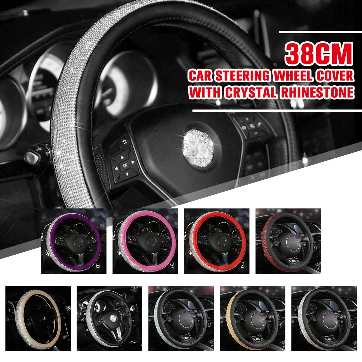 

Black/Beige 15'' 38cm Leather Car Auto Steering Wheel Cover With Crystal Rhinestone for Women Girls Interior Accessories