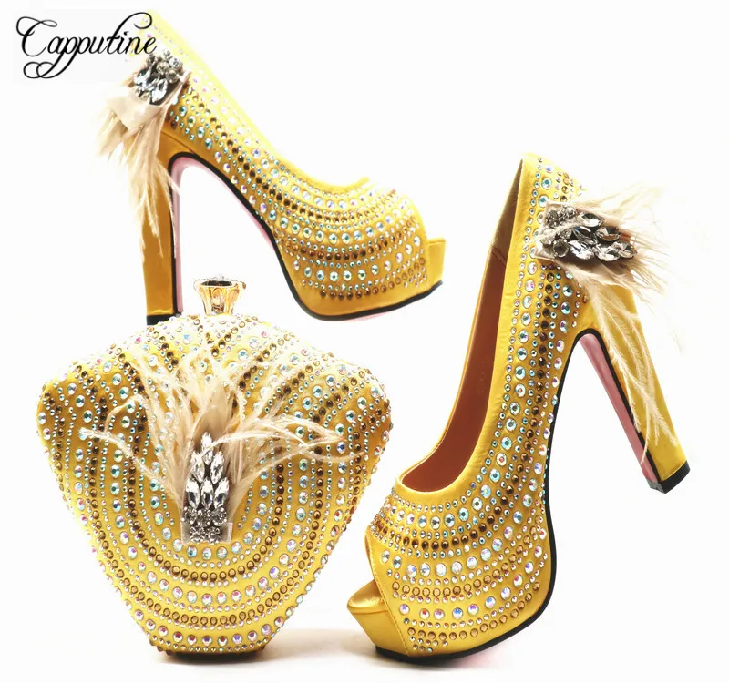 

New Italian Shoes With Matching Bags Set European Style Rhinestone And Feather Woman High Heels Shoes And Bag Sets For Party G63