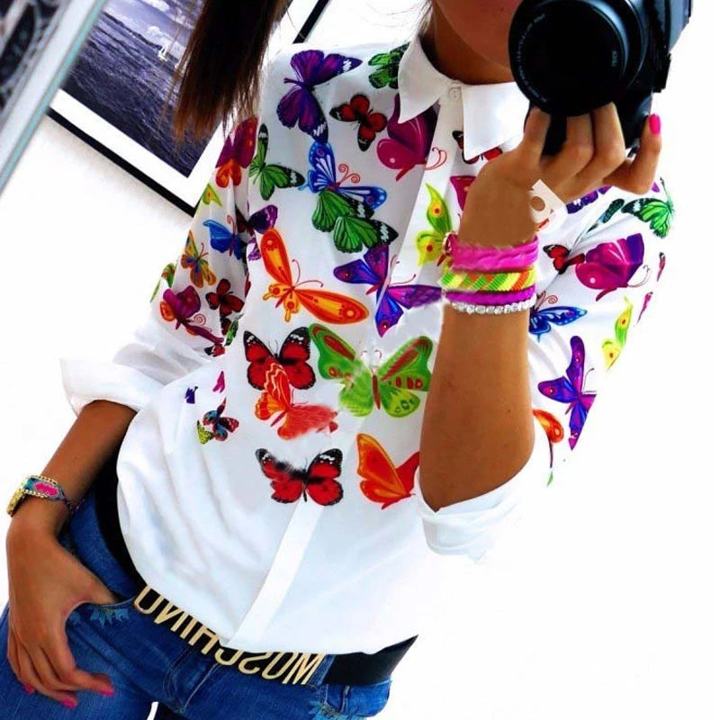 

Women Floral Printed Tops Loose Casual Blouse women vintage butterfly printing blouses shirt women autumn blusas femininas tops