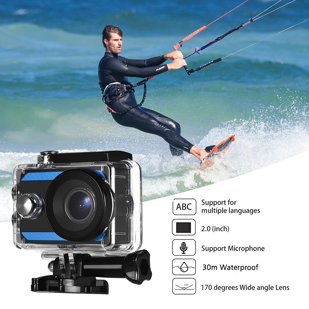 4K Ultra HD Sports Action Camera 170° Wide Angle 2.0 Inch LCD Display 30 Meters Waterproof with 2pcs Li-ion Batteries WiFi