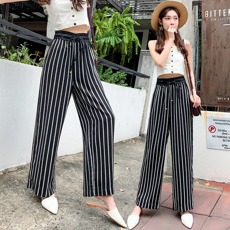 Черный, белый цвет в полоску Для женщин брюки летние Высокая Талия корейской моды Повседневное Свободные шнурок Straigth длинные штаны уличные