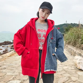 

Women Ripped Tassels Hooded Denim Jacket Fashion patchwork jeans Contrast color jacket Female hit color loose outwear Tops A9322