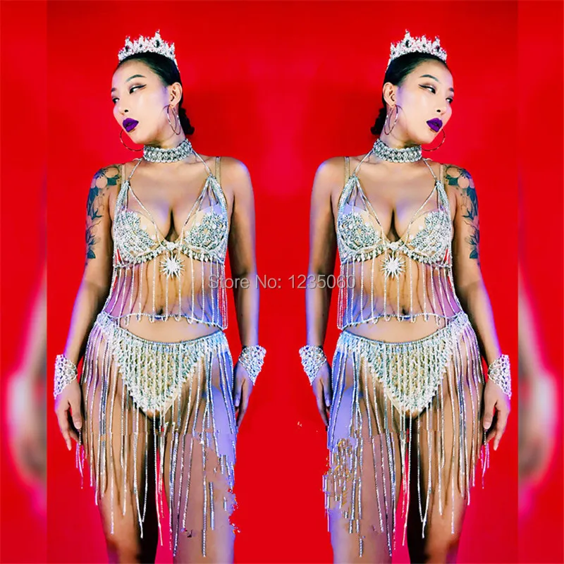 

Christmas Halloween Rhinestone Bikini Suit Clothes Dance Team Women's Costumes Goddess Sexy Lady Party Event Masquerade Dress
